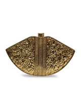 Zuri Mother of Pearl Brass Clutch by The Tan Clan featuring a sleek design with pearl accents and brass details.