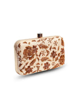Beige hand-embroidered clutch bag by The Tan Clan with intricate embroidery and a sleek, elegant design.