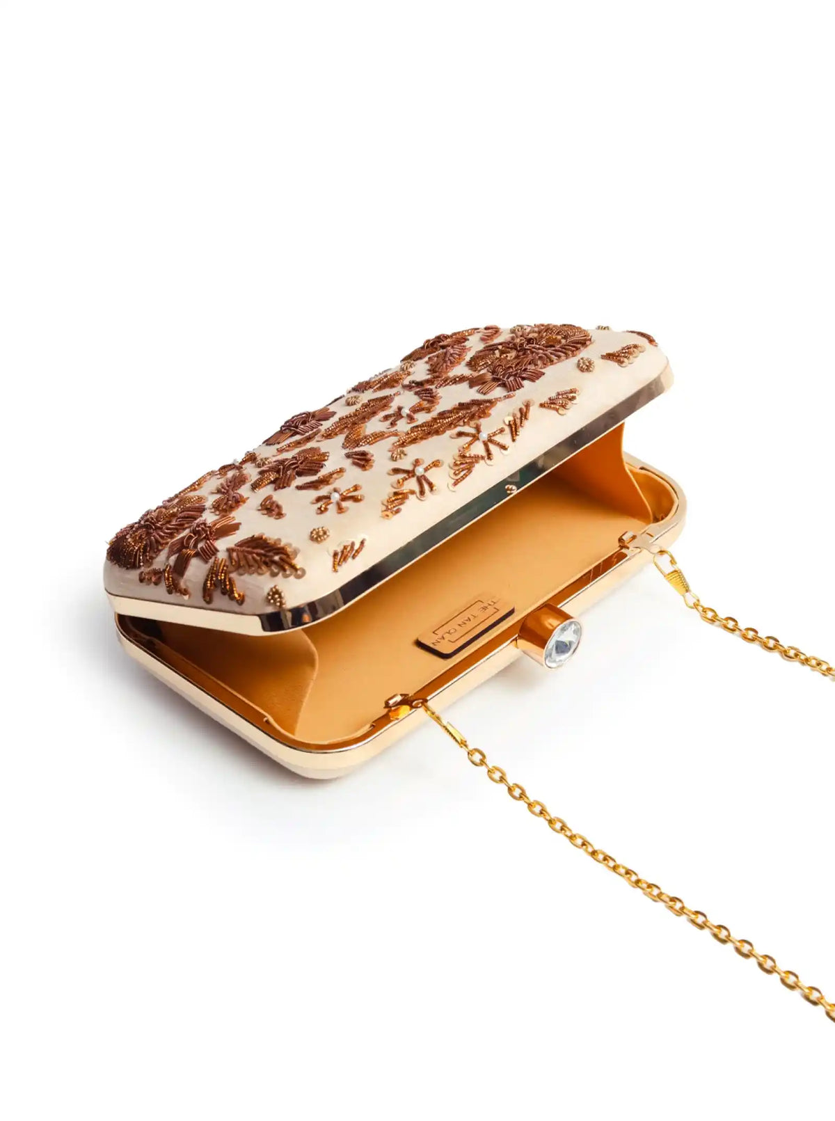 Beige hand-embroidered clutch by The Tan Clan featuring intricate embroidery and a sleek, elegant design for evening occasions.