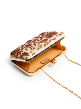 Beige hand-embroidered clutch by The Tan Clan featuring intricate embroidery and a sleek, elegant design for evening occasions.