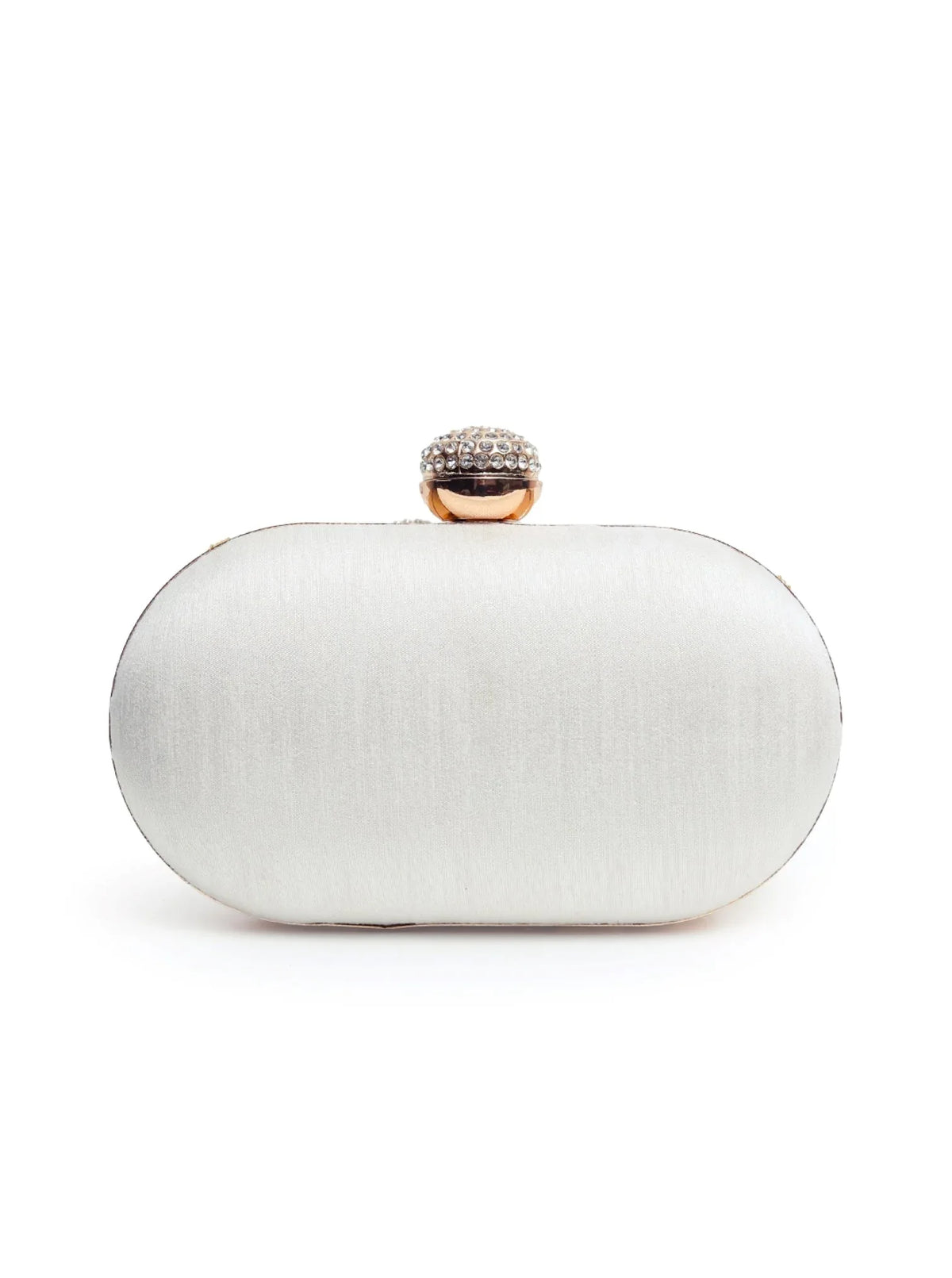 A coordinated set featuring a gold Swarn mini lotus potli and a white Zardozi Elizah clutch with intricate embroidery.
