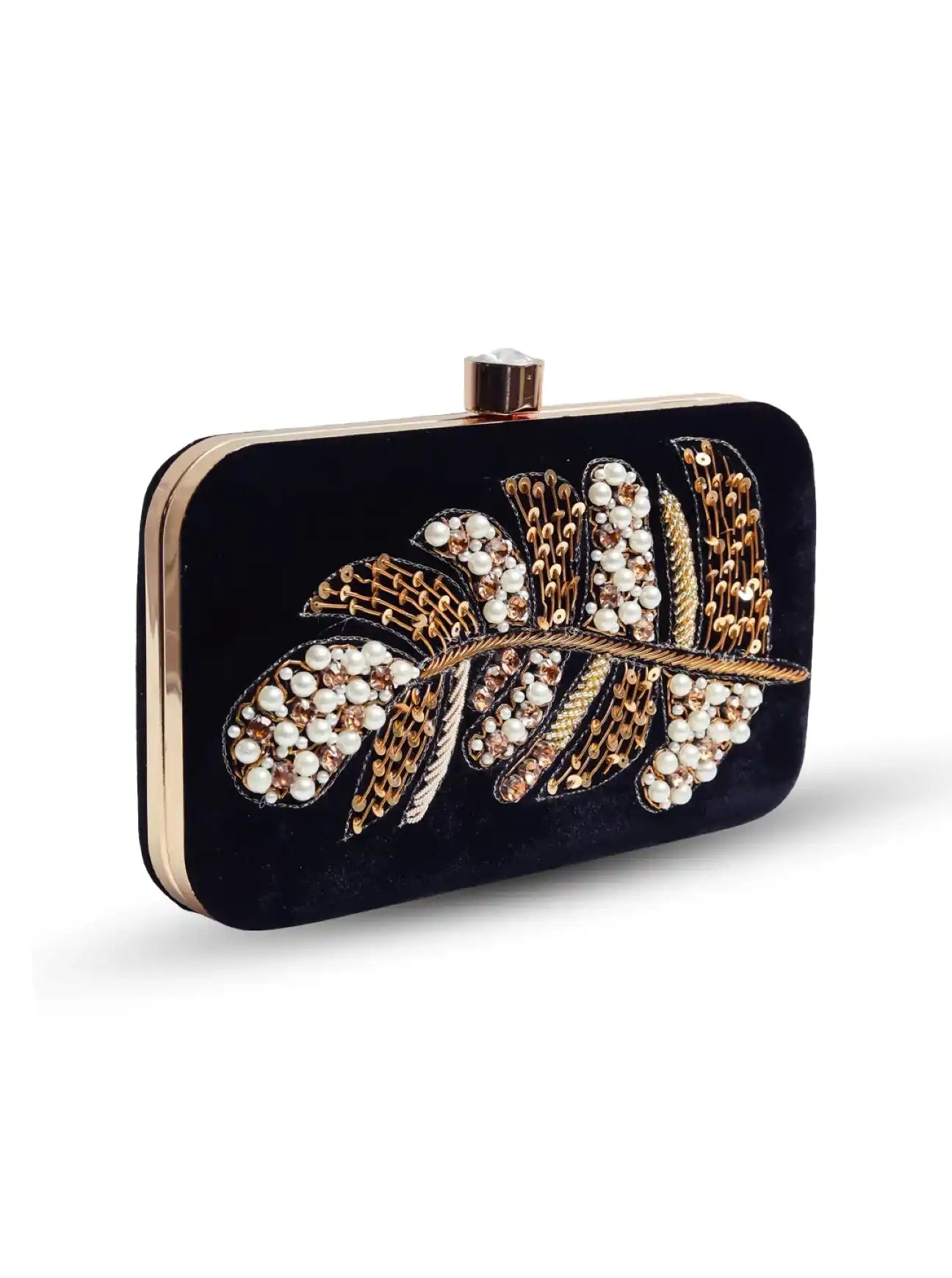Afrah hand embroidered leaf clutch by The Tan Clan showing intricate embroidery and elegant design in natural tones.