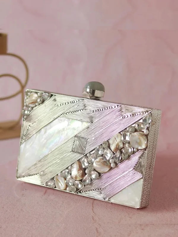 Aisha embellished Mother of Pearl clutch by The Tan Clan with intricate beadwork and a sleek, elegant design for evening wear.