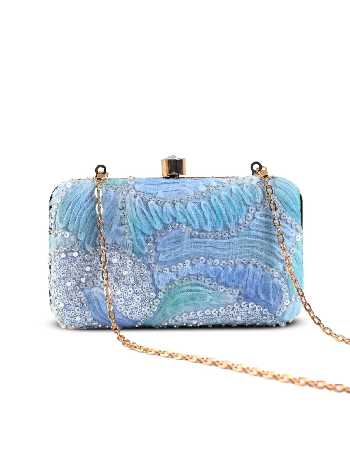 Aqua blue box clutch by The Tan Clan with a sleek, rectangular design and minimalistic style for elegant occasions.