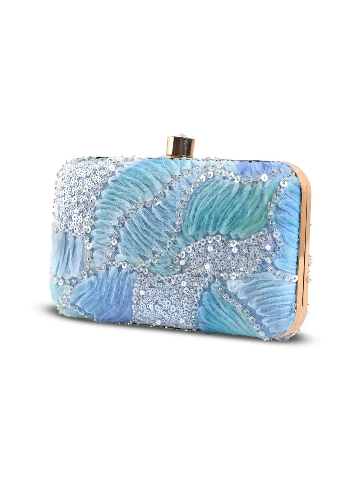 Aqua blue box clutch from The Tan Clan with a sleek, rectangular design and elegant finish, perfect for evening events.