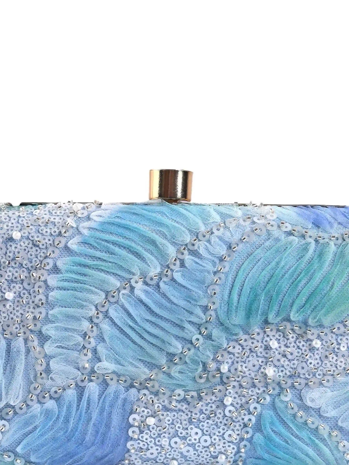 Aqua blue box clutch with gold clasp from The Tan Clan, showcasing a sleek and elegant accessory for special occasions.