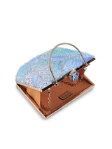 Aqua blue casket clutch bag by The Tan Clan with gold-tone clasp and sleek rectangular design for elegant occasions.