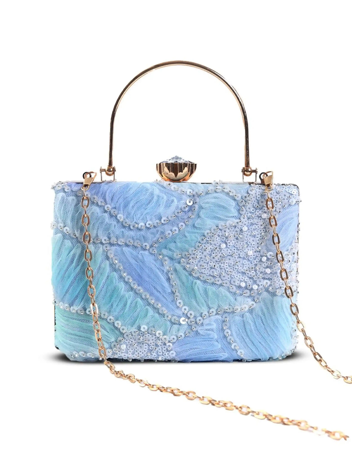 Aqua blue casket clutch bag from The Tan Clan with gold-tone hardware and a sleek, rectangular design for elegant occasions.