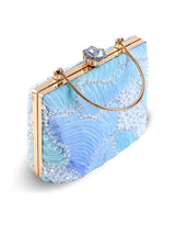 Aqua blue casket clutch purse by The Tan Clan with gold clasp and elegant design, perfect for evening events and formal occasions.