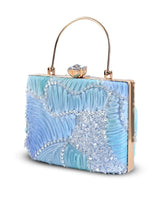 Aqua blue casket clutch bag by The Tan Clan with gold chain strap and elegant design, ideal for formal events and evening wear.