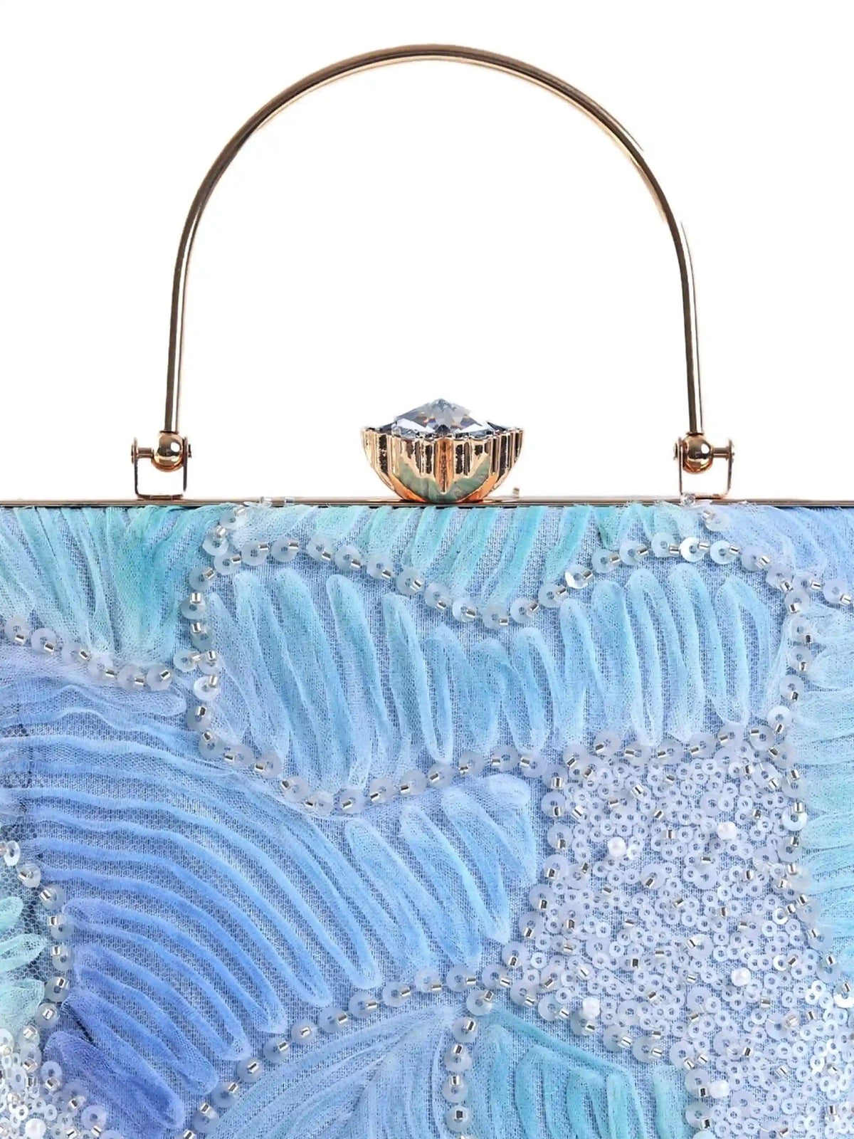 Aqua blue casket clutch by The Tan Clan with gold-tone hardware and a sleek rectangular shape for elegant occasions.