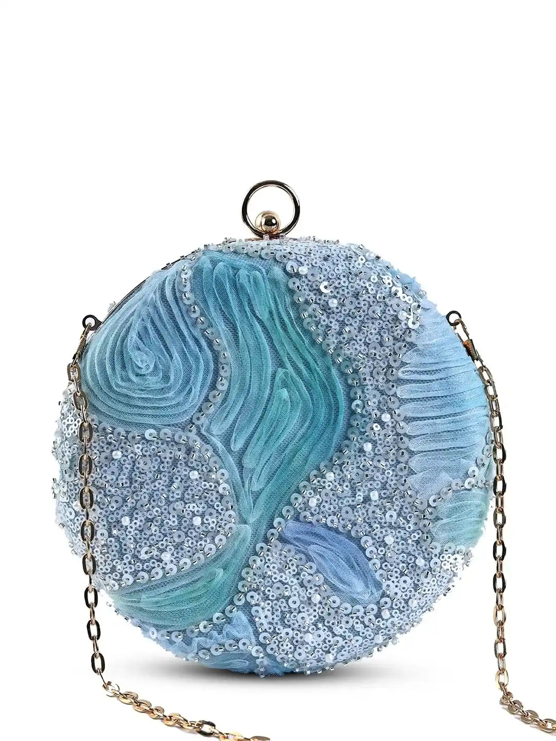 Aqua blue round clutch bag by The Tan Clan featuring a smooth, glossy finish and minimalist design for elegant occasions.