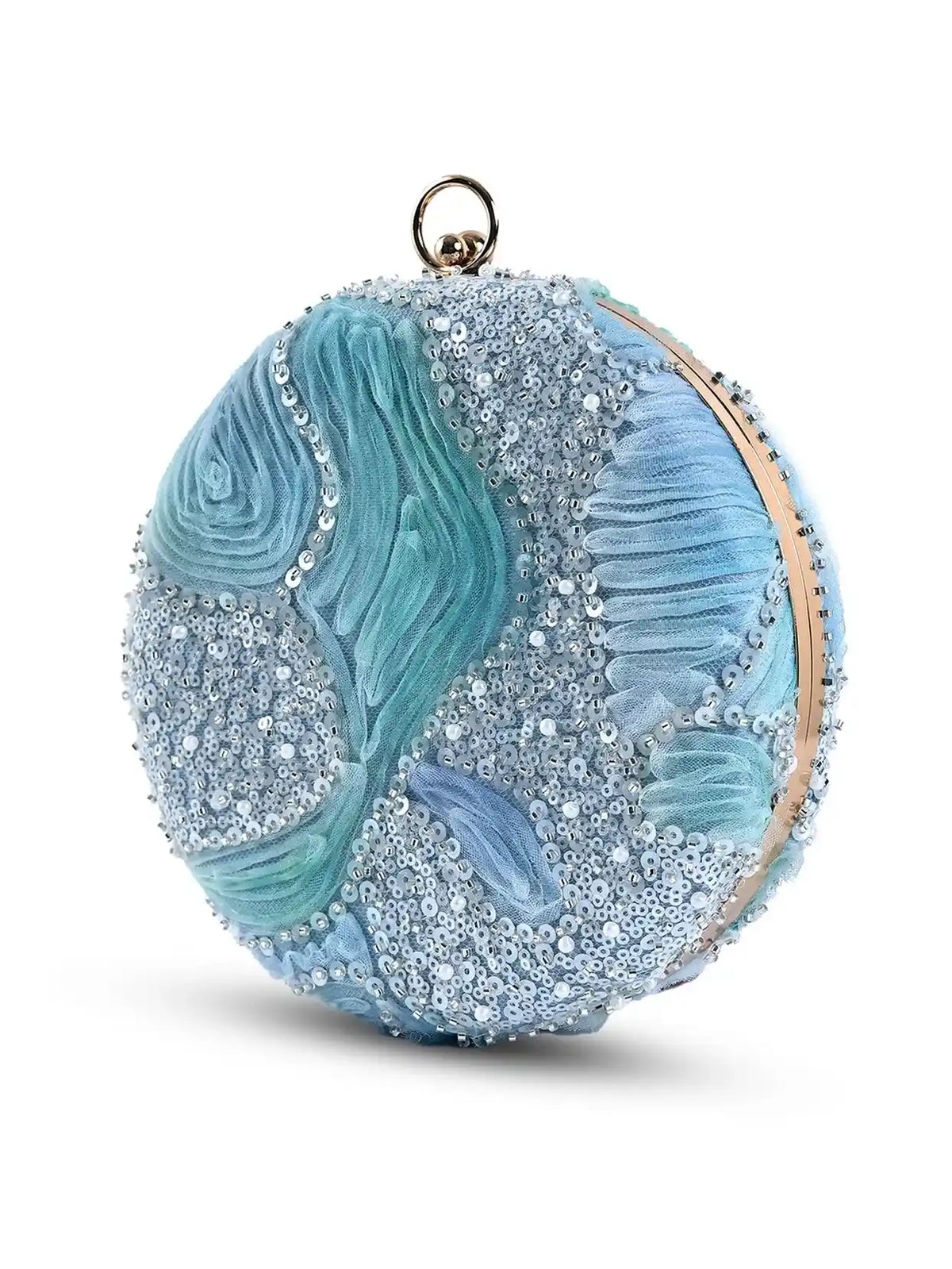 Aqua blue round clutch bag from The Tan Clan with a sleek, smooth finish and minimal design, perfect for evening accessories.