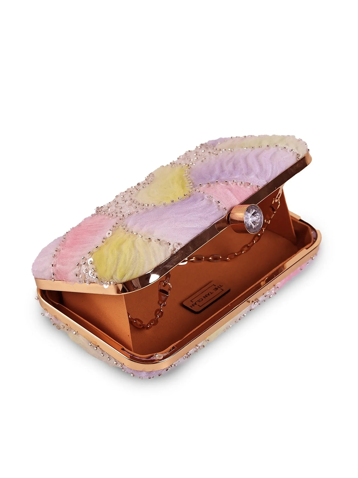 Aqua lavender box clutch by The Tan Clan with a sleek design and gold clasp, perfect for elegant evening events.