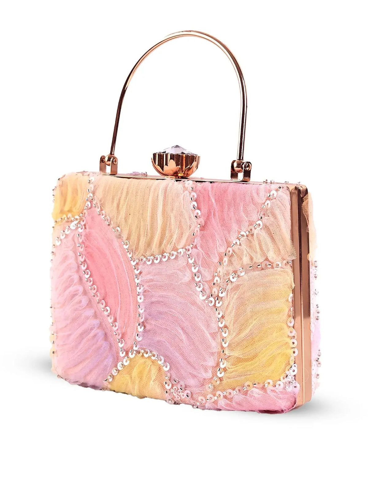 Aqua lavender casket clutch purse by The Tan Clan featuring a sleek, elegant design with metallic accents and a compact shape.