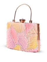 Aqua lavender casket clutch purse by The Tan Clan featuring a sleek, elegant design with metallic accents and a compact shape.