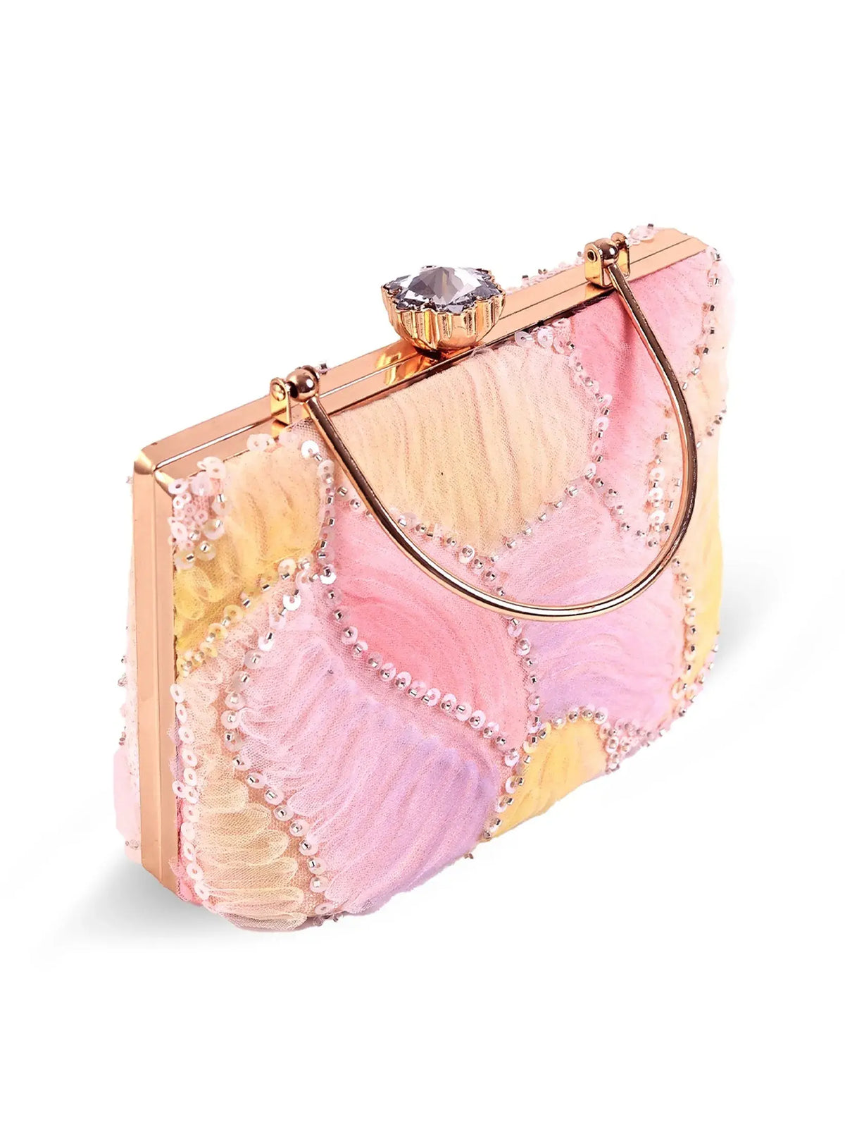 Aqua Lavender Casket Clutch by The Tan Clan, featuring a stylish rectangular design with a metallic finish and elegant clasp.