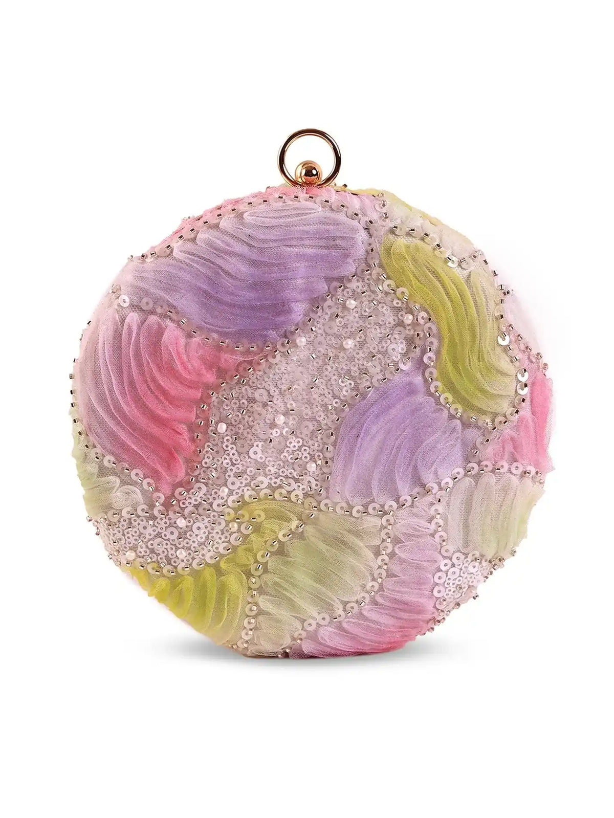 Aqua lavender round clutch bag by The Tan Clan with a smooth surface and gold clasp closure, elegant and stylish accessory.