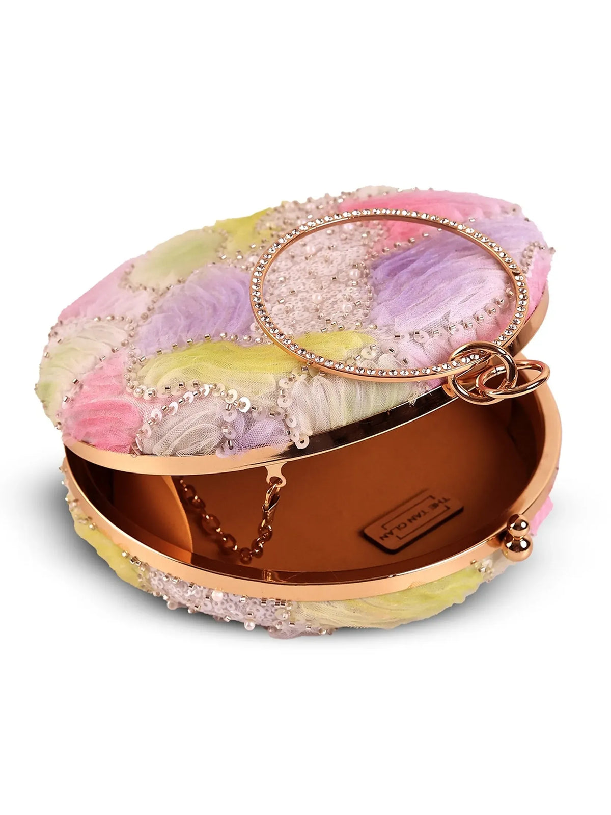 Aqua lavender round clutch bag by The Tan Clan with a smooth finish and minimalist design, perfect for elegant evening accessories.