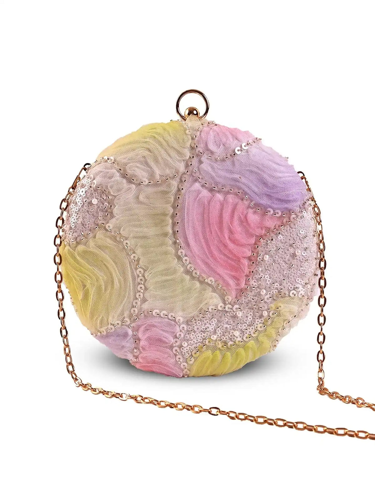 Aqua lavender round clutch handbag by The Tan Clan with a sleek, circular design and textured finish.