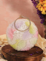 Aqua lavender round clutch bag from The Tan Clan with a sleek, smooth surface and compact design for stylish accessories.