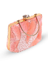 Aqua orange casket clutch purse by The Tan Clan with gold clasp and textured exterior, stylish and compact evening accessory.