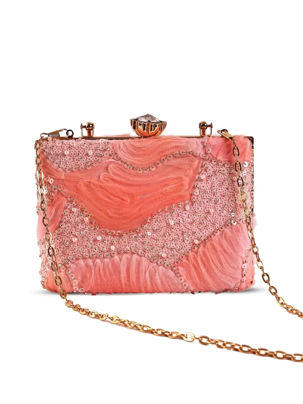 Aqua orange casket clutch purse by The Tan Clan with gold clasp and elegant design, perfect for evening events.