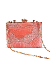 Aqua orange casket clutch purse by The Tan Clan with gold clasp and elegant design, perfect for evening events.
