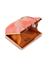Aqua orange casket clutch by The Tan Clan featuring a sleek, structured design with metallic accents and a top handle.