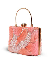 Aqua orange casket clutch by The Tan Clan with a sleek, rectangular design and metallic clasp for elegant evening wear.