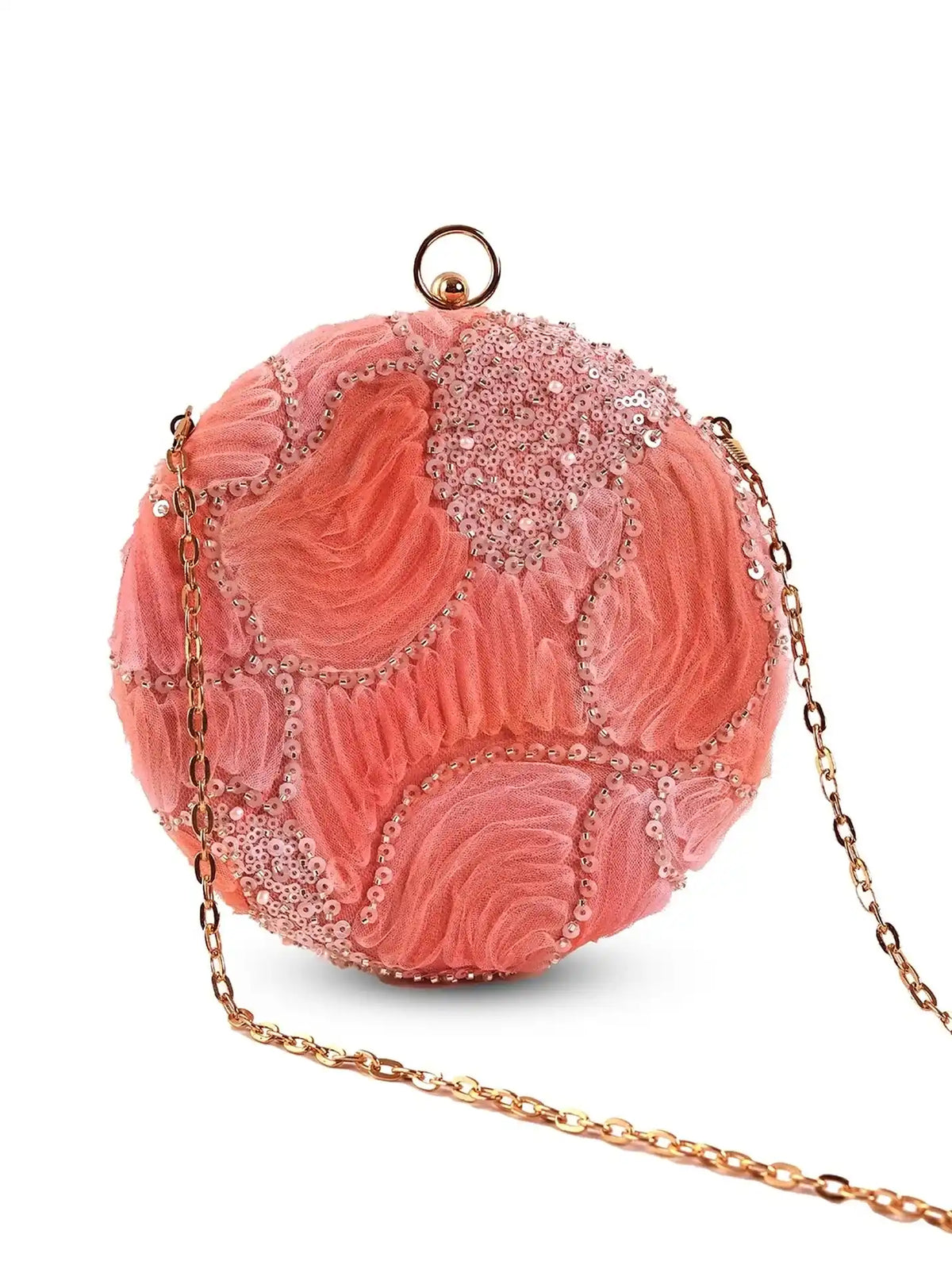 Aqua orange round clutch purse by The Tan Clan with a sleek design and zipper closure, perfect for stylish accessories.