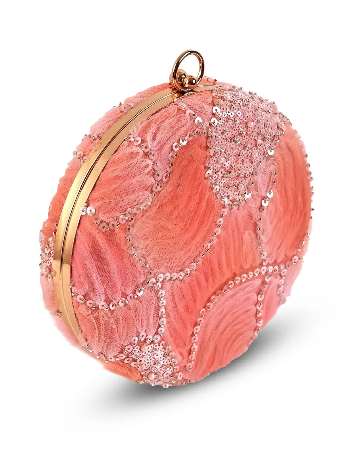 Aqua orange round clutch bag by The Tan Clan with a smooth finish and compact design, perfect for stylish evening accessories.