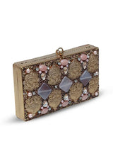 Arya embellished brass clutch by The Tan Clan featuring intricate designs and a vintage-inspired style.