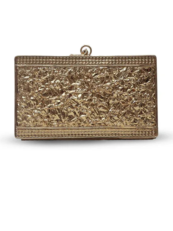 Arya embellished brass clutch by The Tan Clan featuring intricate detailing and a sleek, compact design for elegant occasions.