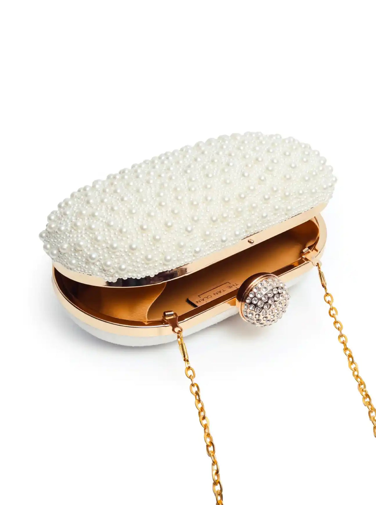 Asad All White Pearl Hand Embroidered Clutch by The Tan Clan, featuring intricate pearl embroidery and elegant design.