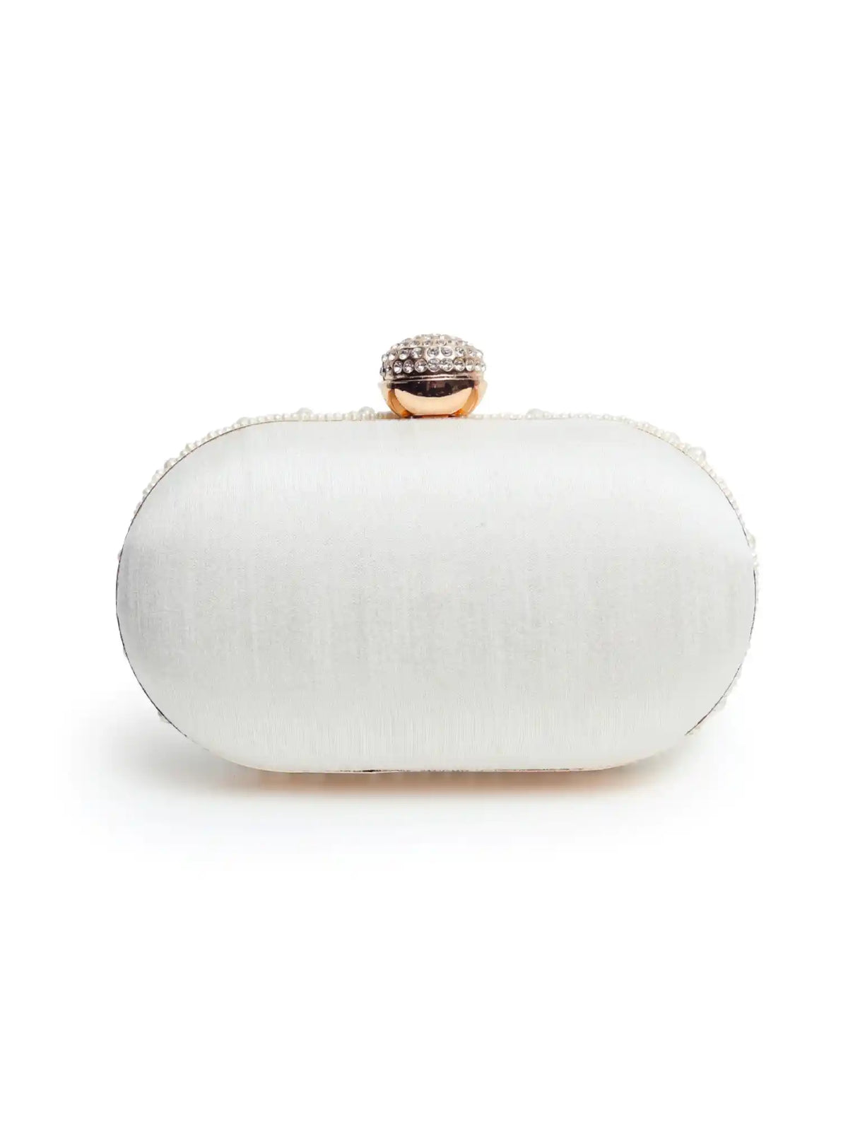 All-white pearl hand-embroidered clutch bag from Asad by The Tan Clan, featuring intricate embroidery and elegant design.