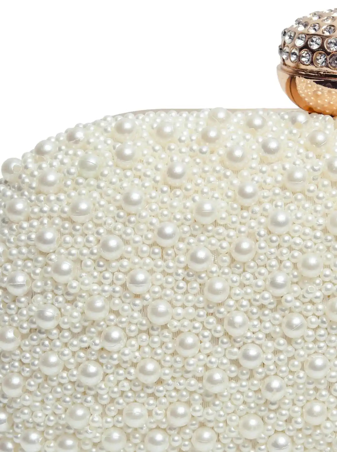 White pearl hand-embroidered clutch bag with intricate detailing by The Tan Clan, perfect for elegant occasions.