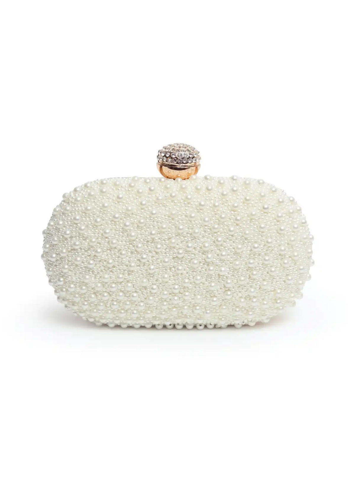 White pearl hand-embroidered clutch bag with intricate design by The Tan Clan, perfect for elegant occasions.