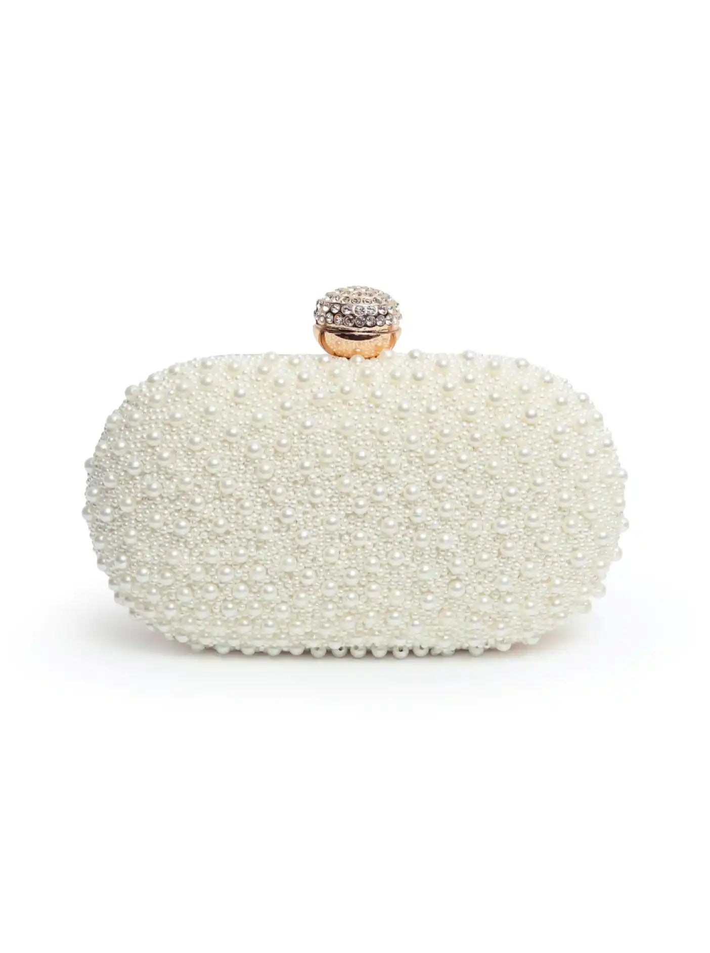 White pearl hand-embroidered clutch bag with intricate design by The Tan Clan, perfect for elegant occasions.