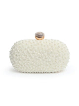 White pearl hand-embroidered clutch bag with intricate design by The Tan Clan, perfect for elegant occasions.