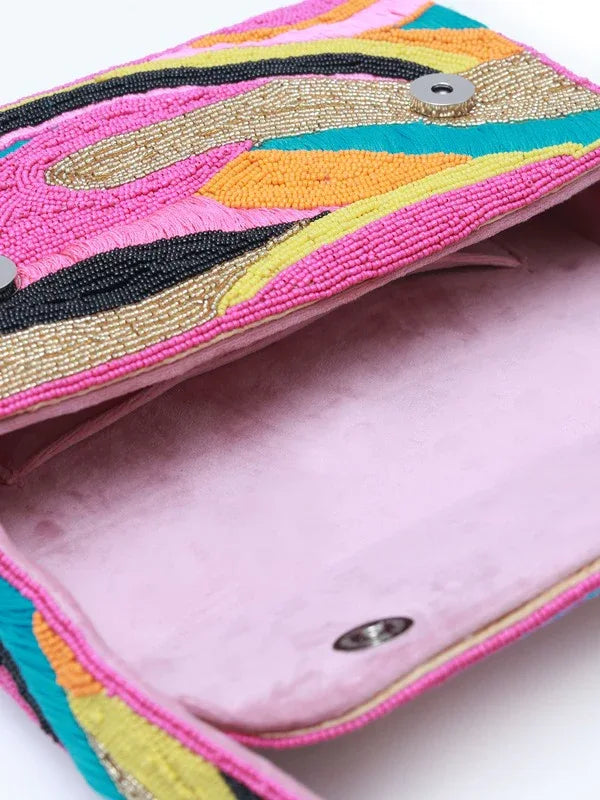 Multicolor Aster Baguette Bag with handle by The Tan Clan, featuring vibrant woven design and compact style.