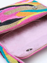 Multicolor Aster Baguette Bag with handle by The Tan Clan, featuring vibrant woven design and compact style.
