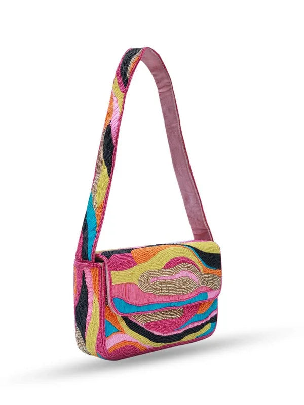 Multicolor Aster Baguette Bag with Handle by The Tan Clan, featuring vibrant woven design and sturdy top handle.