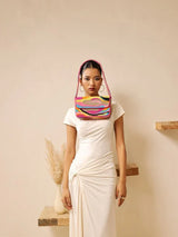 Multicolor Aster Baguette Bag with handle by The Tan Clan, featuring vibrant woven design and compact style.