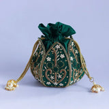 Hand-embroidered mini lotus potli bag by The Tan Clan with intricate embroidery and traditional design.
