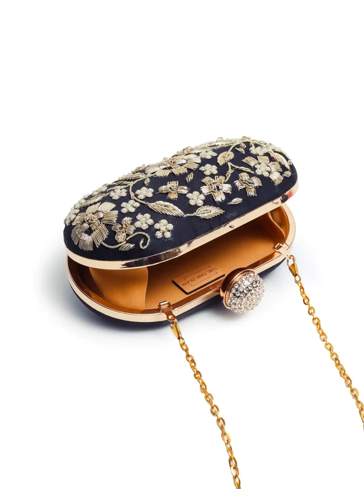 Hand-embroidered Baiza Zardozi clutch bag by The Tan Clan with intricate Zardozi embroidery and traditional design.