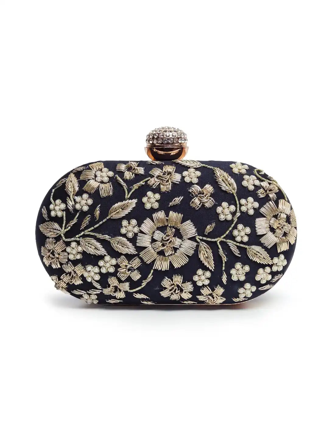Elegant Baiza Zardozi hand-embroidered clutch by The Tan Clan with intricate gold embroidery and a classic design.