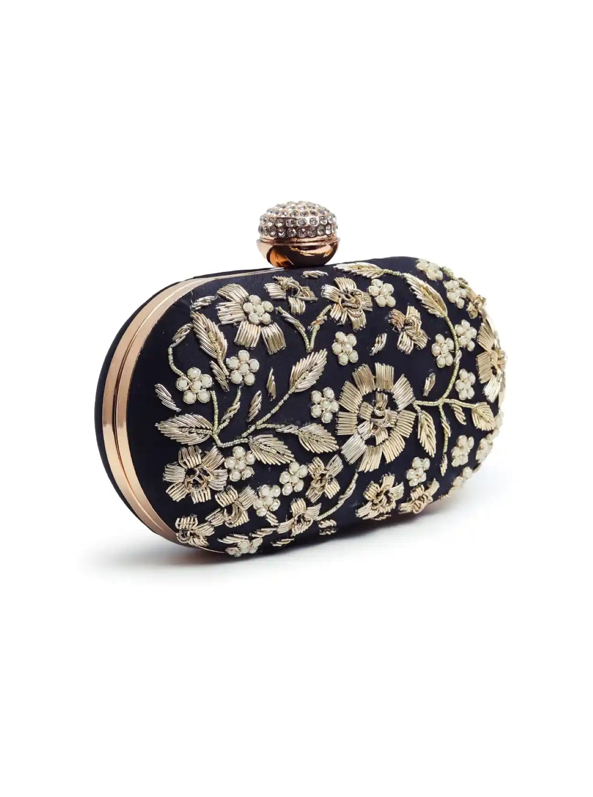 Hand-embroidered Baiza Zardozi clutch by The Tan Clan with intricate zari work and traditional design.