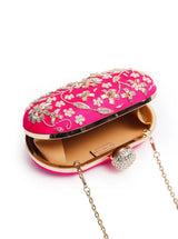 Elegant Baiza Zardozi hand-embroidered clutch by The Tan Clan featuring intricate traditional embroidery and a sleek design.