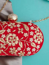 Hand-embroidered Baiza Zardozi clutch bag by The Tan Clan featuring intricate Zardozi embroidery and a sleek design.
